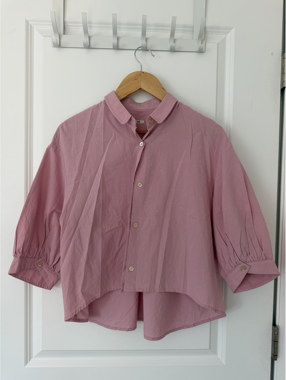 Egg Light Pink Button-Up Cotton Blouse with 3/4 Sleeves and Back Detail